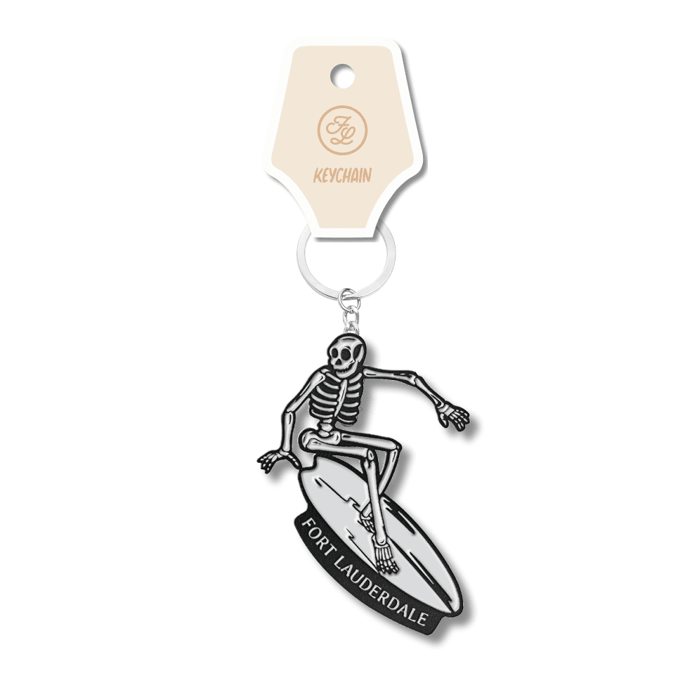 Fort Lauderdale Skeleton Surfing Black Enamel Keychain