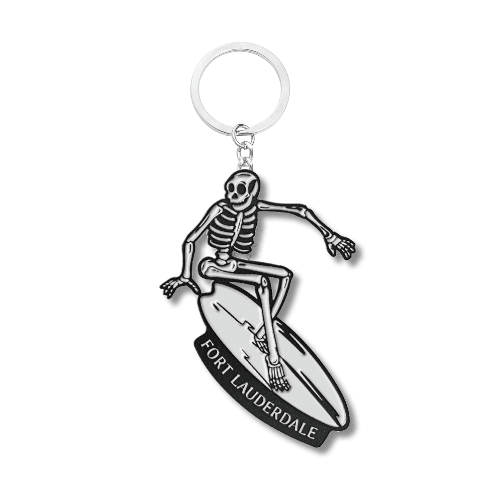 Fort Lauderdale Skeleton Surfing Black Enamel Keychain