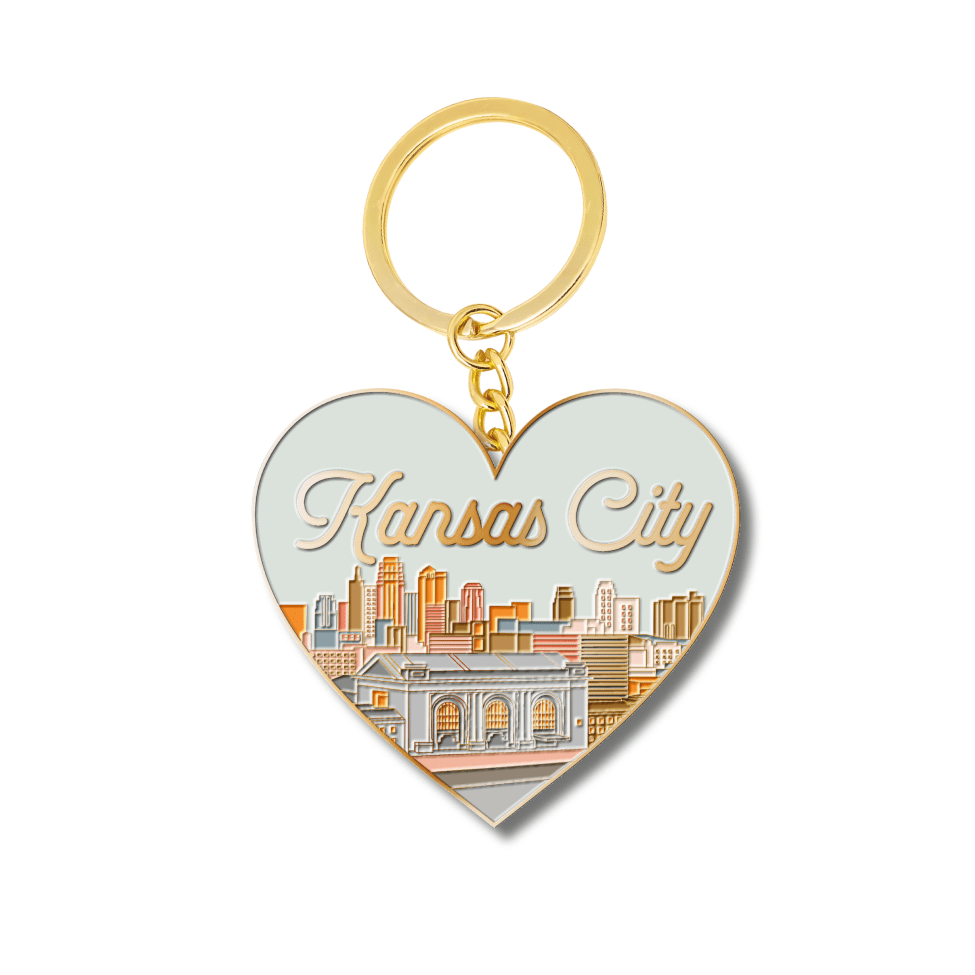 Kansas City Skyline Heart Gold Keychain