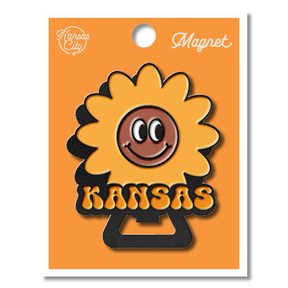 Kansas Sunflower Bottle Opener Black Enamel Magnet